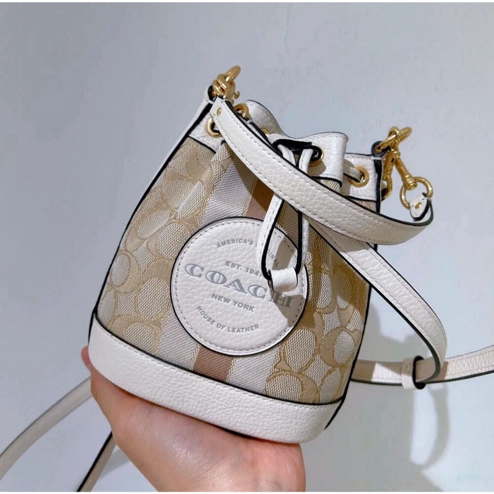 new Coach Mini Dempsey Bucket Bag In Signature Jacquard  Light Khaki Chalk NWT